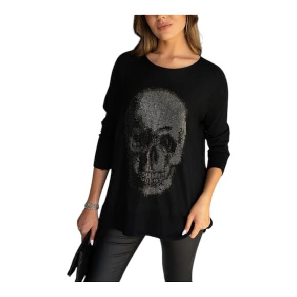Venti6 Black Oversized Rhinestone Skull Lightweight Sweater One Size - Picture 1 of 6